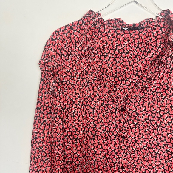 Zara Red Floral Printed Button Ruffle Shoulder Long Sleeve Mini Dress XL - Picture 8 of 13